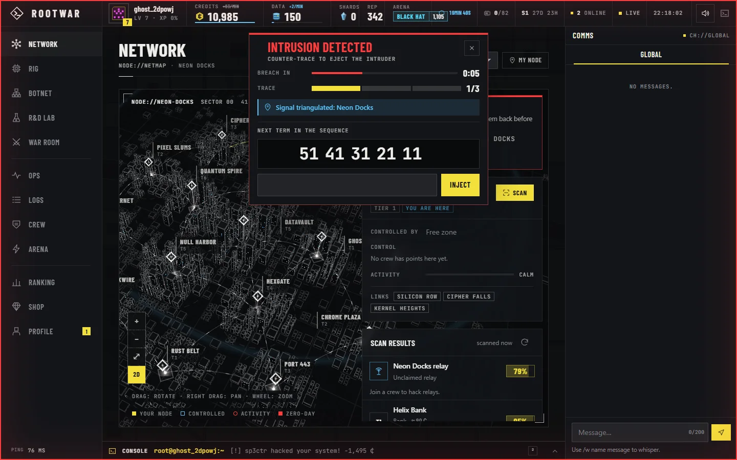 ROOTWAR gameplay capture: a hacker is forcing your node and the "Intrusion detected" HUD asks you to trace them back
