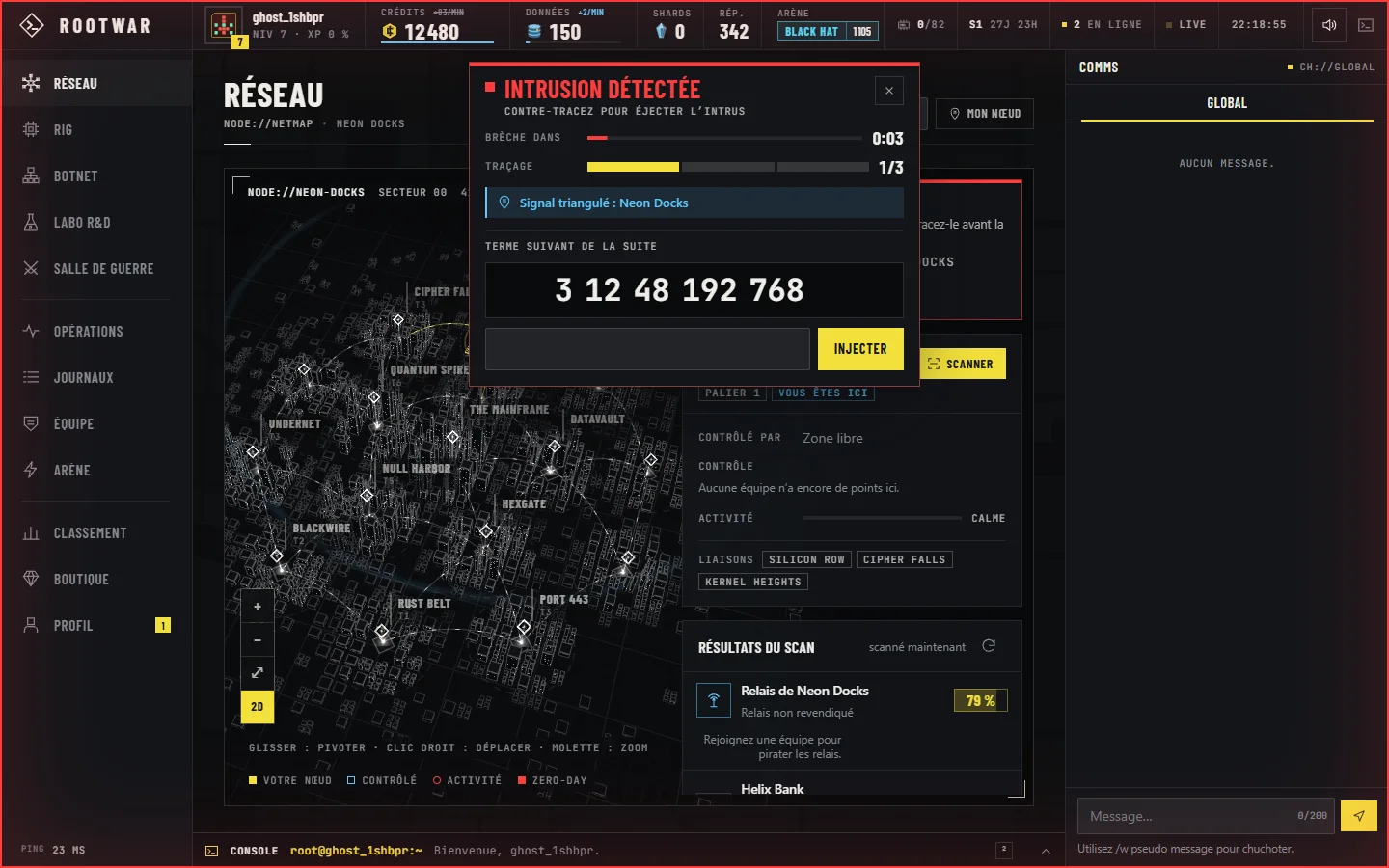 Capture du jeu ROOTWAR : un hacker force votre nœud et le HUD « Intrusion détectée » vous demande de contre-tracer