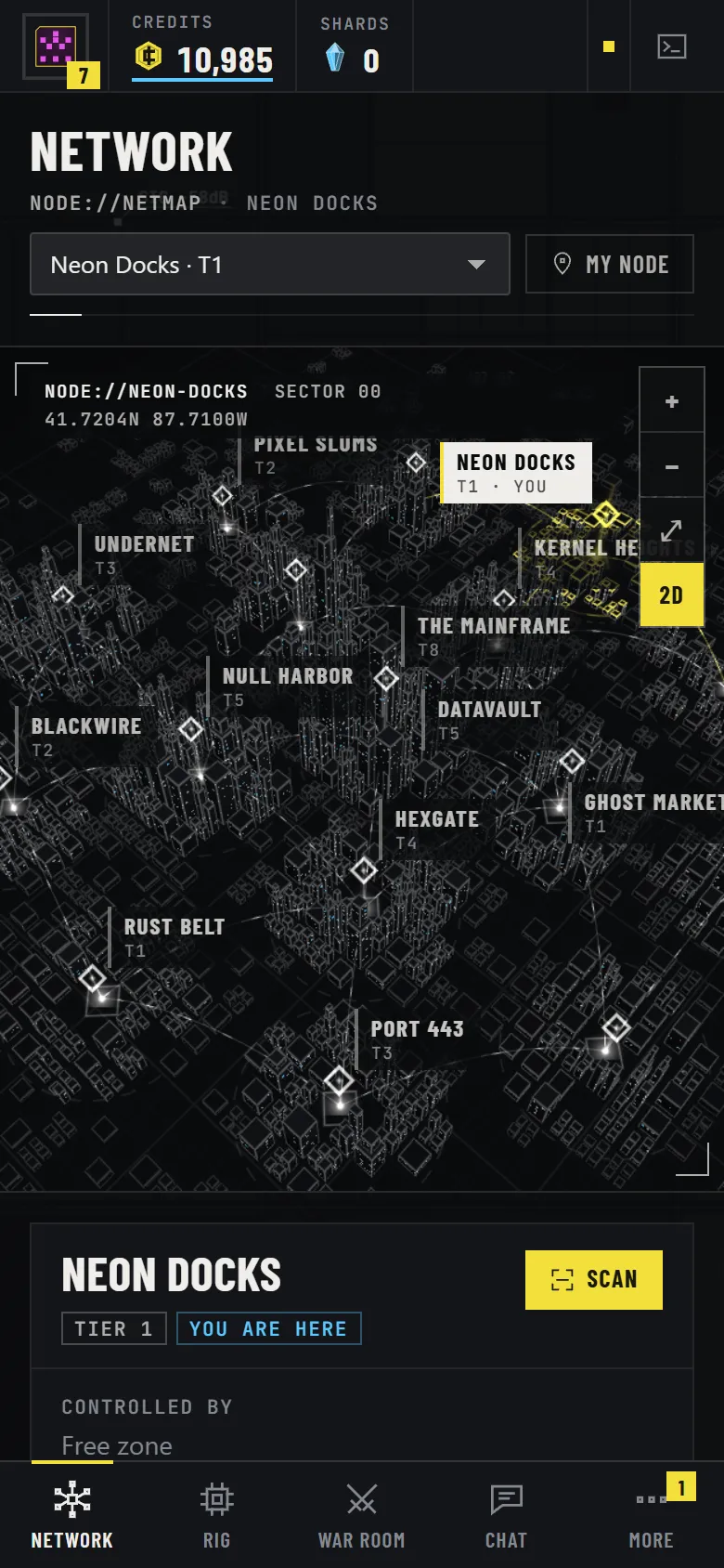 ROOTWAR on a phone: the network map and the player HUD