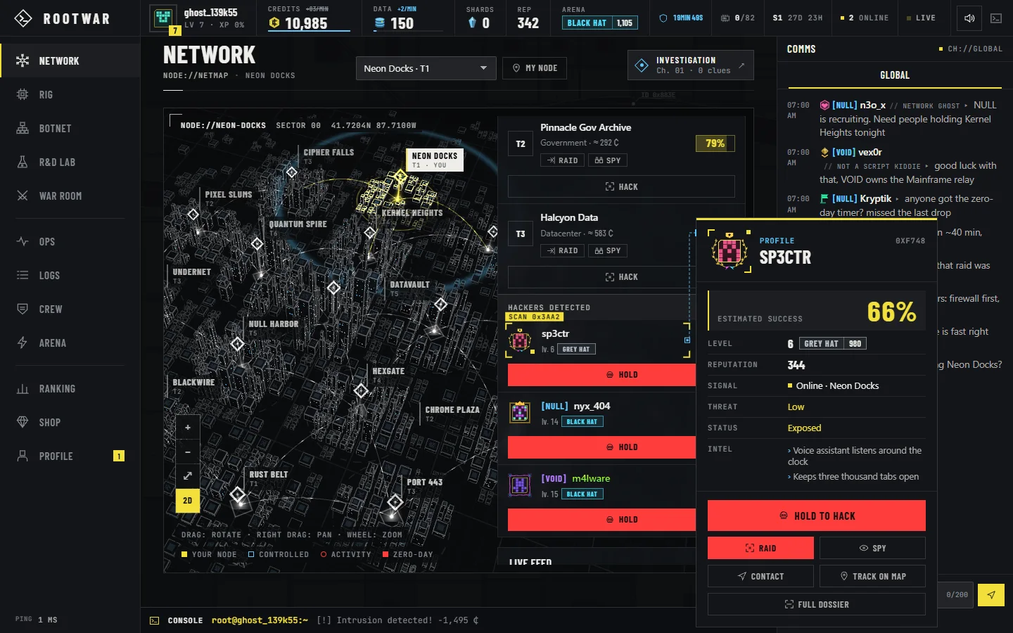 ROOTWAR player profiler: success chance, threat, status and intel