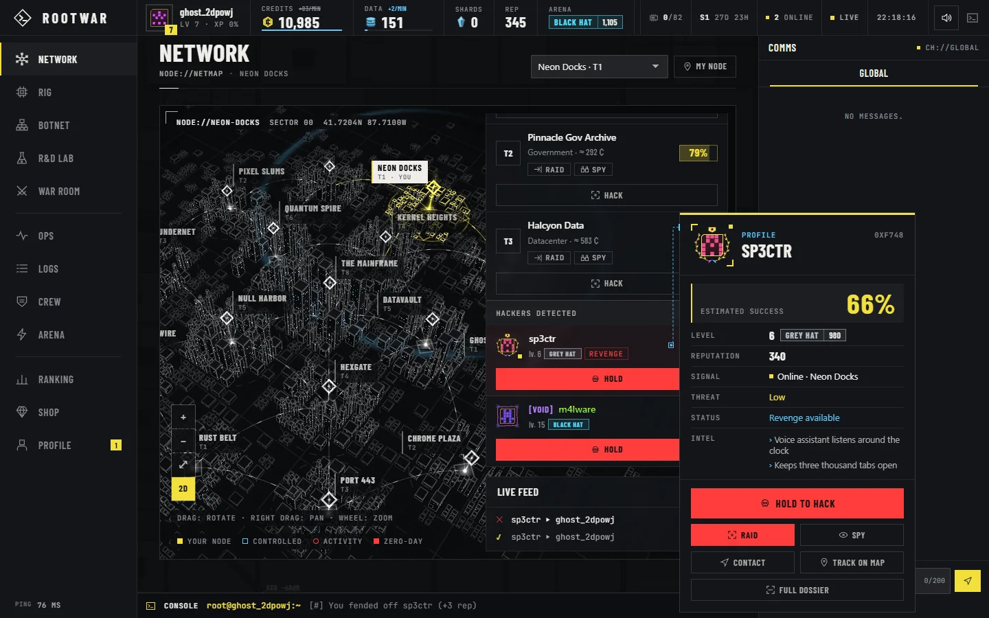 ROOTWAR player profiler: success chance, threat, status and intel